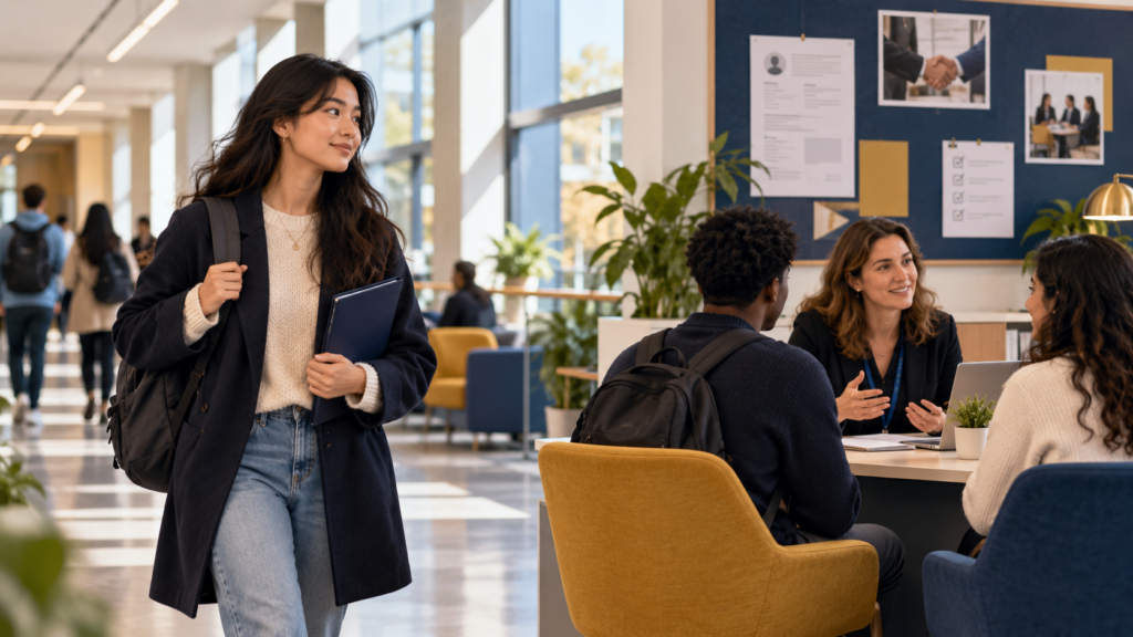 Student exploring career support at a UK university careers centre