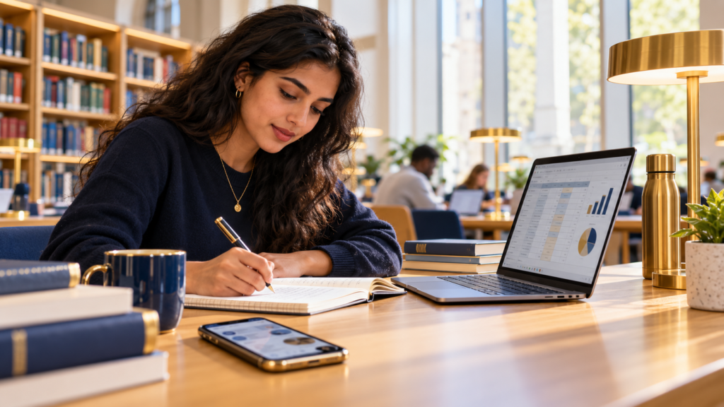 International student studying with a laptop spreadsheet and a smartphone at a UK university library