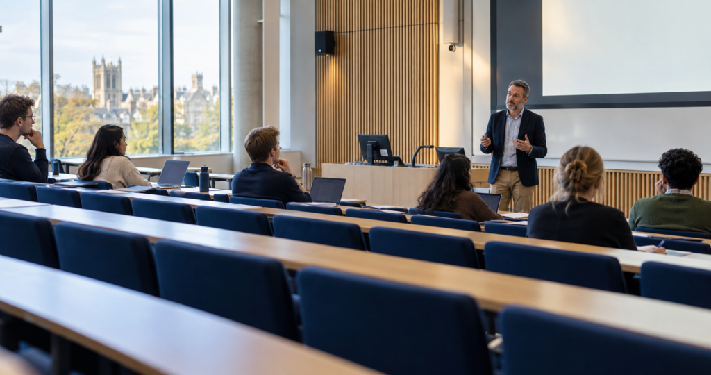 Lecturer addressing a partly occupied UK university lecture room