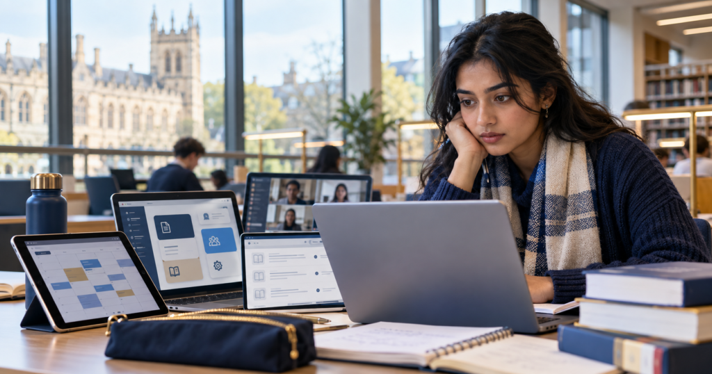 International postgraduate student navigating university learning platforms in a UK library