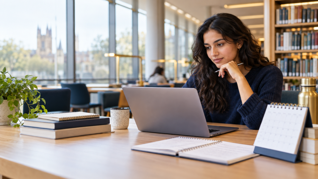 University student reviewing assessment results and appeal notes in a UK university library